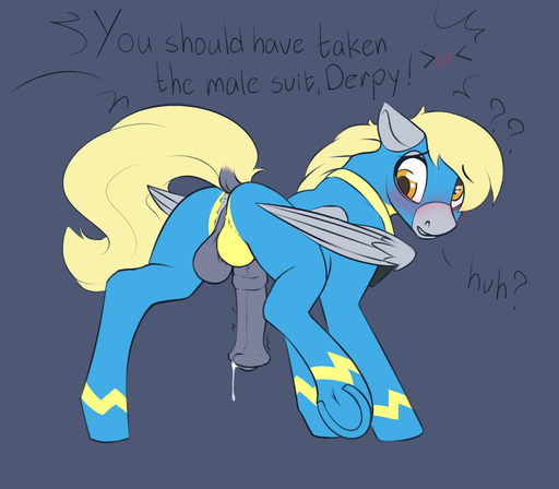 2019 absurd_res animal_genitalia animal_penis anus balls blonde_mane blonde_tail blue_background blush butt derpy_hooves_(mlp) dialogue dock equid equine equine_penis feathered_wings feathers feral flared_penis friendship_is_magic fur genitals grey_body grey_feathers grey_fur grey_wings hasbro hi_res horse intersex looking_back male mammal mane medial_ring my_little_pony pegasus penis phenyanyanya simple_background solo text wings wonderbolts_uniform yellow_eyes // 8000x7000 // 4.3MB