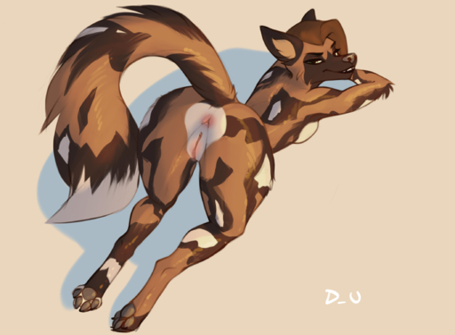 african_wild_dog anthro anus ass_up black_nose brown_body brown_ears brown_fur brown_hair brown_inner_ear_fluff brown_tail butt butt_focus canid canine cheek_tuft claws digitigrade dipstick_tail discreet_user elbow_tufts facial_tuft female fur genitals glistening glistening_eyes green_eyes hair hi_res inner_ear_fluff leaning leaning_forward looking_at_viewer looking_back mammal markings multicolored_body multicolored_fur multicolored_tail on_ground perineum presenting presenting_anus presenting_hindquarters presenting_pussy pussy raised_tail rear_view simple_background solo tail_markings toe_claws tuft white_body white_fur white_tail // 2388x1757 // 1.9MB