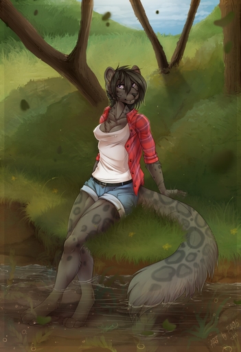 anthro barefoot biped black_hair bottomwear chest_tuft clothed clothing detailed_background digital_media_(artwork) digitigrade ear_piercing f-r95 facial_piercing feet felid female fluffy fluffy_tail fur grass hair hi_res leopard lip_piercing lip_ring long_tail looking_at_viewer mammal nature nipple_outline outside pantherine partially_submerged piercing plant shorts sitting snakebite_piercing solo spots spotted_body spotted_fur tree tuft water // 878x1280 // 175.1KB