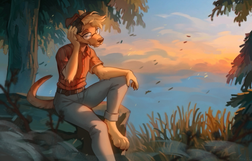 2022 4_fingers 4_toes anthro canid canine canis clothed clothing day detailed_background digital_media_(artwork) domestic_dog eyes_closed eyewear feet fingers glasses gras headphones hioshiru male mammal outside sitting sky smile solo toes // 1280x821 // 1.6MB