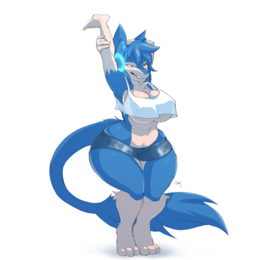 1:1 3_toes anthro big_breasts biped breasts chest_tuft clothed clothing digitigrade feet female fur gloves_(marking) leg_markings markings midriff nipple_outline sergal slightly_chubby socks_(marking) solo standing stretching tail_tuft thick_thighs tight_clothing toes toned_calves toned_stomach tuft under_boob wide_hips yogoat // 800x800 // 185.3KB