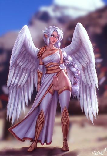 angel angel_humanoid balls breasts cleavage clothed clothing erection feathered_wings feathers genitals gynomorph hair humanoid humanoid_pointy_ears intersex legwear long_hair looking_at_viewer mammal not_furry penis personalami solo thigh_highs white_hair winged_humanoid wings // 800x1161 // 134.4KB