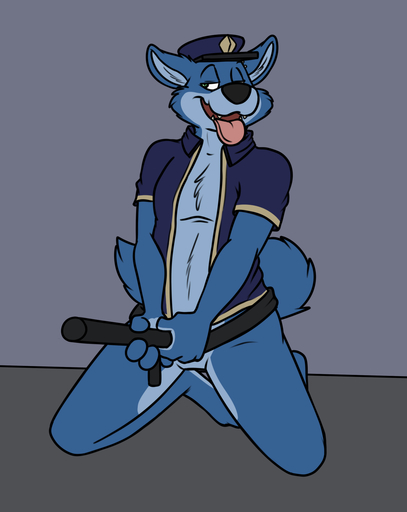 2015 4_fingers :3 anthro black_nose blue_body blue_fur bottomless canid canine canis chest_tuft clothed clothing digital_media_(artwork) fangs featureless_crotch fingers flat_colors fur green_eyes grin hat headgear headwear hi_res inner_ear_fluff male mammal piercing police robbie_(rotten_robbie) rotten_robbie simple_background smile solo spread_legs spreading suggestive teasing teeth tongue tongue_out tuft uniform unprofessional_behavior wolf // 1245x1565 // 277.3KB