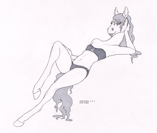 2016 anthro bikini breasts clothing ecmajor equid equine eyelashes female flat_chested fur greyscale hair hand_behind_head hooves horse looking_at_viewer lying mammal midriff monochrome navel simple_background sketch smile solo swimwear white_background // 1304x1107 // 1.9MB