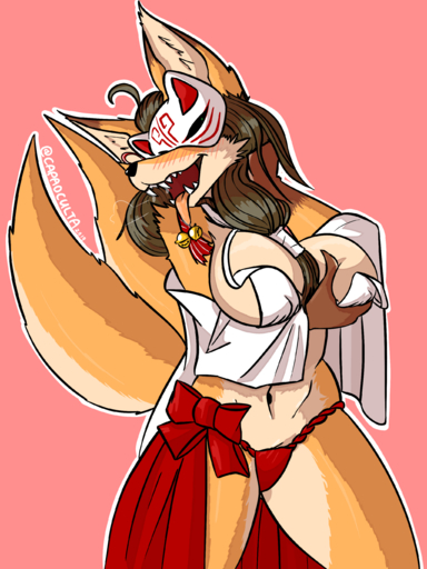2019 2_tails absurd_res anthro asian_clothing black_hair blush breasts canid canine capaoculta clothing east_asian_clothing female fox fundoshi fur hair hi_res japanese_clothing long_hair mammal mask masked_fox_(kame_3) multi_tail orange_body orange_fur shrine_maiden signature simple_background smile solo squeezing_breast tongue tongue_out underwear // 2048x2732 // 1.4MB