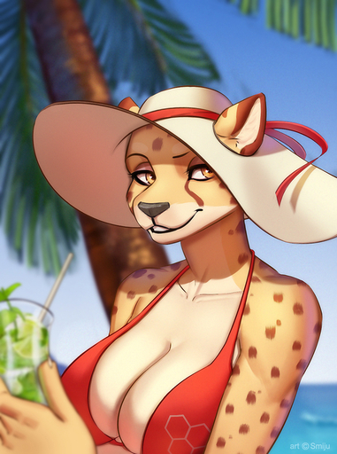 2017 alcohol anthro beach beverage big_breasts bikini biped blue_sky breasts brown_body brown_fur brown_spots bust_portrait cheetah cleavage clothed clothing cocktail depth_of_field detailed_background digital_media_(artwork) eyebrows eyelashes felid feline female front_view fur grey_nose halterneck hat headgear headwear holding_glass holding_object looking_at_viewer mammal multicolored_body multicolored_fur natasha_peterson outside palm_tree plant portrait red_clothing red_swimwear seaside signature sky smiju smile solo spots spotted_body spotted_fur standing sun_hat swimwear tree white_body white_fur yellow_body yellow_eyes yellow_fur // 745x1000 // 614.5KB