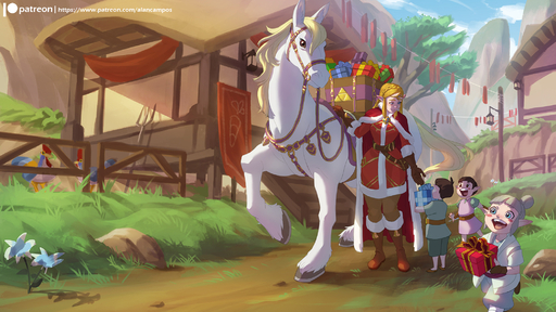 2018 alanscampos blonde_hair bridle child cucco day detailed_background digital_media_(artwork) equid equine female feral gift grass group hair harness hi_res holidays hooves horse humanoid hylian kakariko_village male mammal outside plant princess_zelda reins saddle sky standing video_games young // 2100x1181 // 1.5MB