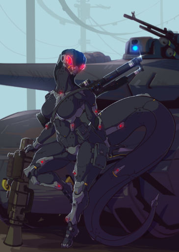 anthro armor bodysuit breasts clothing digital_media_(artwork) female gun headgear helmet hi_res looking_at_viewer nanosuit non-mammal_breasts ranged_weapon reptile rifle rube scalie shaded skinsuit snake solo standing tank thick_thighs tight_clothing vehicle weapon wide_hips // 1662x2331 // 1.5MB