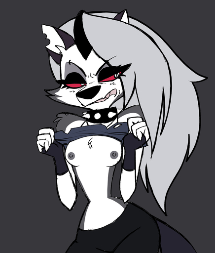 2021 absurd_res anthro breasts canid canid_demon clothed clothing clothing_lift collar demon dr._pizza_boi female fur hellhound helluva_boss hi_res loona_(vivzmind) mammal nipples notched_ear red_sclera shirt shirt_lift small_breasts solo spiked_collar spikes topwear white_body white_fur // 2440x2864 // 904.1KB