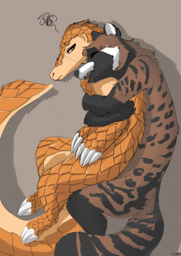 annoyed anthro big_tail brown_body brown_fur civet claws digital_media_(artwork) duo embrace foxboy83 fur happy hi_res hug mammal multicolored_body multicolored_fur orange_body orange_scales pangolin scales shaded smile spooning spottedaffectionate striped_body striped_fur stripes viverrid white_body white_fur // 905x1280 // 1.7MB