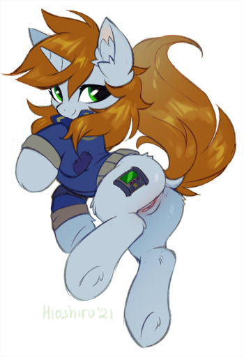 2021 bottomless clothed clothing cutie_mark equid equine fan_character female feral genitals green_eyes grey_body grey_horn hi_res hioshiru horn horse inner_ear_fluff jacket littlepip mammal pussy quadruped simple_background smile solo topwear tuft unicorn unicorn_horn white_background // 821x1200 // 587.1KB