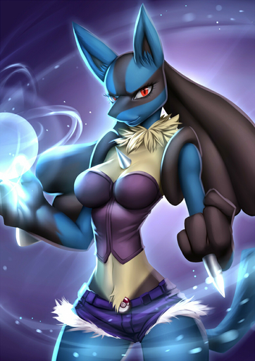 alanscampos anthro anthrofied blue_body blue_fur breasts canid canine female fur long_torso looking_at_viewer lucario magic mammal pokemon_(species) pokemorph red_eyes small_waist solo video_games // 777x1100 // 370.0KB