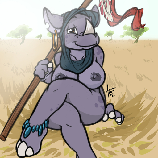 1:1 2012 anthro big_breasts biped breasts brown_eyes crossed_legs ear_piercing feathers female grass hi_res hindpaw horn jewelry mammal melee_weapon nipples nude paws piercing plant polearm rhinocerotoid siroc sitting smile solo spear tree weapon wood // 1280x1280 // 823.6KB