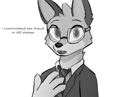 2021 4_fingers anthro canid canine canis cheek_tuft clothed clothing coyote daxy_(adaxyn) digital_media_(artwork) enginetrap english_text eyewear facial_tuft fingers fur glasses head_tuft humor looking_at_viewer mammal meme monochrome necktie open_mouth robert_downey_jr simple_background solo stuff_(character) suit text tuft white_background // 1517x1100 // 450.5KB