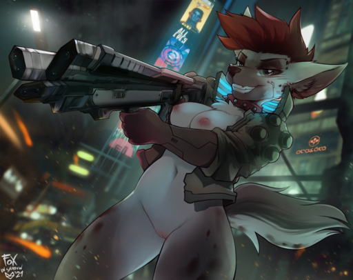 2021 anthro areola bottomless breasts city cleavage cleft_of_venus clothed clothing collar curvy_figure cyberpunk_2077 exposed_breasts female fur genitals gloves green_eyes grey_body grey_fur gun hair handwear hyaenid jacket mammal navel nipples pussy ranged_weapon red_hair science_fiction signature smile smirk solo spiked_collar spikes spots spots_(marking) spotted_body spotted_fur spotted_hyena teeth topwear video_games weapon yakeera_(hoofen) zero-sum // 1400x1109 // 2.4MB