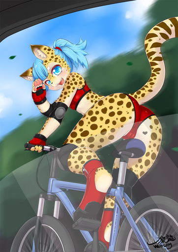 anthro bicycle camel_toe cheetah clothing cycling felid feline female footwear fur hair hi_res looking_at_viewer mammal open_mouth outside smile solo tight_clothing wolflong // 905x1280 // 705.9KB