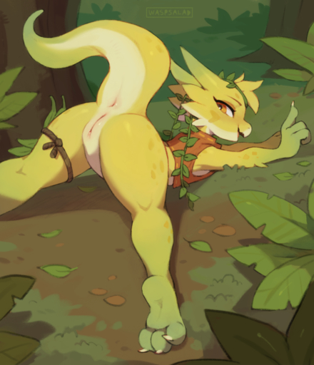 anthro anus ass_up bottomless butt claws clothed clothing feet female forest forest_background genitals headgear headwear hi_res horn kobold looking_at_viewer musa_(waspsalad) nails nature nature_background on_ground orange_eyes outside plant pussy raised_tail scalie soles solo topwear tree tropical vest vines waspsalad yellow_body // 1700x1976 // 3.5MB