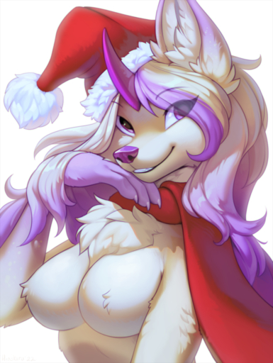 2022 anthro breasts canid canine christmas_clothing christmas_headwear claws clothing digital_media_(artwork) eye_through_hair female finger_claws fur hair hat headgear headwear hi_res hioshiru holidays horn looking_at_viewer mammal mostly_nude naturally_censored nipple_tuft paws purple_eyes purple_hair santa_hat scarf scarf_only simple_background smile solo translucent translucent_hair tuft white_background white_body white_fur white_hair // 963x1280 // 1.1MB