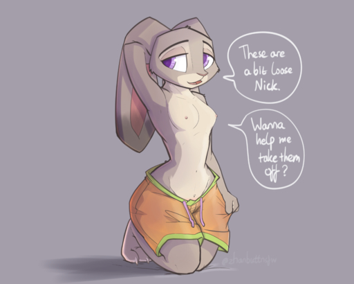 2020 absurd_res anthro breasts clothed clothing crossdressing dialogue dipstick_ears english_text female fur grey_background grey_body grey_fur hi_res judy_hopps kneeling lagomorph leporid light lighting male_swimwear mammal multicolored_ears name_in_dialogue navel nipples open_mouth outline_speech_bubble purple_eyes rabbit shadow signature simple_background solo speech_bubble swimming_trunks swimwear text topless v-cut zhanbow // 3308x2648 // 2.0MB