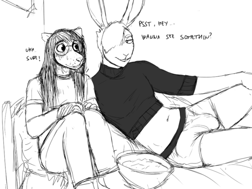 2019 anthro bed black_and_white bro_bun_(hladilnik) bulge clothed clothing dialogue didelphid duo english_text eyewear furniture genital_outline glasses hair hair_over_eye hi_res hladilnik lagomorph leporid long_hair male mammal marsupial monochrome navel on_bed one_eye_obstructed penis_outline rabbit sketch text // 1706x1280 // 375.5KB