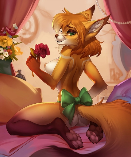 2019 4_toes 5:6 anthro barefoot bed bedroom biped bow_(disambiguation) breasts brown_body brown_eyebrows brown_fur brown_hair brown_nose brown_tail butt canid canine collaboration detailed_background digital_media_(artwork) dragonfu eyebrows feet female flower fox fur furlana furniture green_eyes hair hi_res holding_flower holding_object inner_ear_fluff kneeling long_hair long_tail looking_at_viewer looking_back mammal multicolored_body multicolored_fur nipples nude on_bed pawpads pillow pink_nipples pink_pawpads pinup plant pose rear_view rose_(flower) side_boob sitting smile solo toes tuft wariza white_body white_fur // 1080x1296 // 164.9KB
