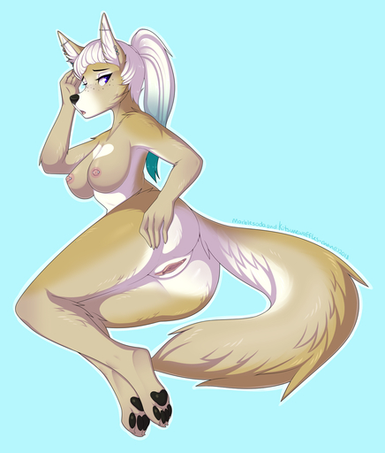 2018 anthro breasts butt canid canine clitoral_hood clitoris dated digital_media_(artwork) ear_piercing female genitals hi_res kitsunewaffles-chan looking_back mammal marblesoda nipple_piercing nipples piercing presenting presenting_hindquarters presenting_pussy pussy simple_background solo spread_pussy spreading // 1280x1502 // 719.5KB