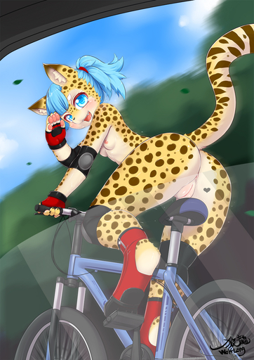 anthro bicycle breasts casual_nudity cheetah clothing cycling felid feline female footwear fur genitals hair hi_res looking_at_viewer mammal mostly_nude nipples open_mouth outside pussy small_breasts smile solo wolflong // 905x1280 // 700.8KB