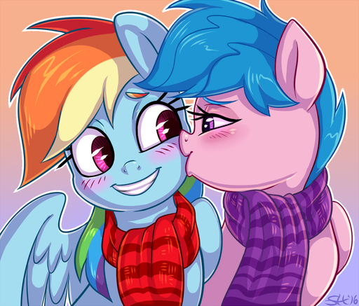2016 blue_body blue_feathers blue_hair blush duo equid equine feathered_wings feathers female femalefemale firefly_(pre-g4) friendship_is_magic hair horse kissing mammal my_little_pony pegasus pink_body pink_feathers rainbow_dash_(mlp) scarf sorc wings // 1185x1012 // 724.0KB