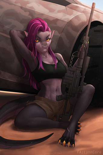 2019 4_toes 5_fingers anthro barefoot biped breasts day detailed_background digital_media_(artwork) eyebrows eyelashes feet female fingers hair hi_res lizard lynncore midriff navel non-mammal_breasts outside purple_hair reptile scalie sitting solo toes // 853x1280 // 1.0MB