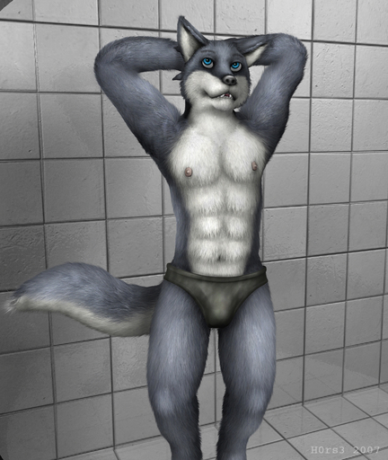 2007 abs anthro athletic athletic_anthro athletic_male bathroom biped black_clothing black_underwear blue_eyes bulge canid canine canis claws clothed clothing countershading fangs front_view fur grey_body grey_fur grey_nose h0rs3 hands_behind_head inside male mammal multicolored_body multicolored_fur nipples pecs pink_nipples portrait slim solo standing three-quarter_portrait topless two_tone_body two_tone_fur underwear white_body white_countershading white_fur wolf // 838x994 // 538.1KB