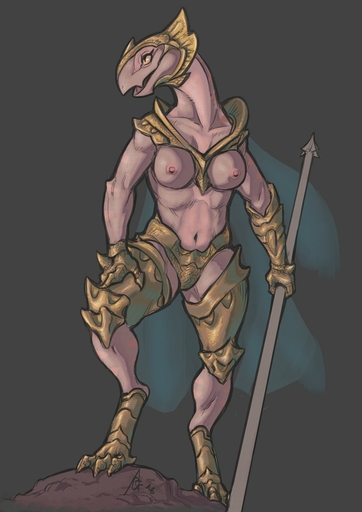 2018 alien anthro armor breasts clothing crestfallenartist exposed_breasts female hi_res melee_weapon nipples non-mammal_breasts open_mouth polearm scalie solo spear standing unconvincing_armor video_games weapon // 848x1200 // 92.8KB