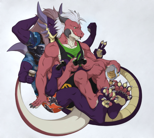 barefoot between_toes beverage bottomwear chips_(disambiguation) claws clothing controller cuddling cyber-zai dragon feet foot_fetish foot_play footsie game_controller hi_res horn joystick kumo-kun male malemale multi_arm multi_limb pawpads paws plantigrade prehensile_feet shirt shorts simple_background sitting snack soles spidersnax thick_tail toe_claws toe_curl toes tongue tongue_out topwear video_games // 2185x1953 // 4.0MB