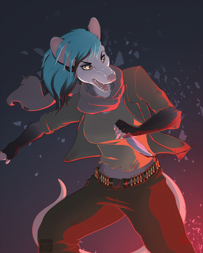 2016 4:5 5_fingers anthro blue_hair clothed clothing didelphid digital_media_(artwork) female fingers fur grey_body grey_fur hair hi_res holding_object holding_weapon implied_fire knife mammal marsupial open_mouth shaded simple_background solo teeth virginia_opossum weapon wyla // 960x1200 // 1.1MB