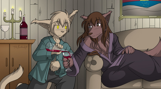 alcohol anthro basitin beverage bottomwear brown_body brown_eyes brown_fur brown_hair candle canid canine canis chest_tuft clothed clothing conditional_dnp detailed_background duo felid female fur furniture grey_eyes hair heterochromia holding_glass holding_object inside keidran keith_keiser kneeling long_hair male mammal natani off_shoulder pants pouring robe romantic_ambiance romantic_couple shirt short_hair sofa tom_fischbach topwear tuft twokinds webcomic webcomic_character wine wolf yellow_eyes // 908x503 // 165.7KB