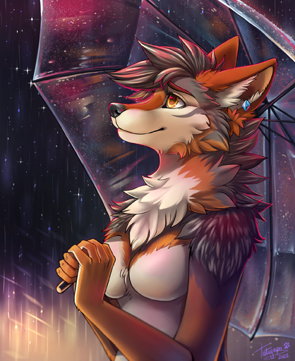 2021 absurd_res anthro breasts canid canine canis ear_piercing featureless_breasts female fhyra hi_res jackal mammal piercing raining solo tatujapa umbrella // 2183x2675 // 6.4MB