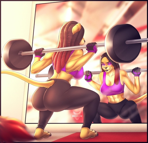 anthro black_hair breasts camel_toe catherinemeow claws clothed clothing crouching deadlift detailed_background exercise felid female fluffy fluffy_tail fur gloves hair handwear hi_res lion mammal multicolored_body multicolored_fur multicolored_hair muscular muscular_anthro muscular_female open_mouth open_smile pantherine partially_clothed purple_eyes red_hair smile solo teeth tongue two_tone_body two_tone_fur two_tone_hair weightlifting workout yellow_body yellow_fur // 1280x1236 // 268.2KB