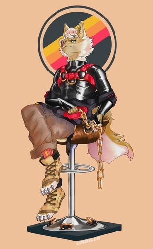 absurd_res anthro bassenji_(character) bdsm blep bottomwear canid canine canis chain chain_leash chair clothing collar digital_drawing_(artwork) digital_media_(artwork) footwear fur furniture harness hi_res holding_chain holding_collar holding_object imminent_bdsm leash lindelon looking_at_viewer male mammal orange_background pants red_collar rubber shoes simple_background socks solo stool tongue tongue_out wolf // 2508x4096 // 643.2KB