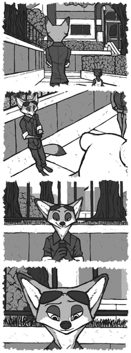 2018 absurd_res anthro canid canine clothing comic disney eyewear fox fur greyscale hi_res luraiokun male mammal monochrome nick_wilde phone sunglasses zootopia // 950x2560 // 1.8MB