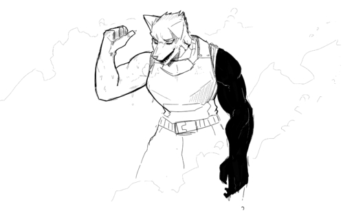 absurd_res anthro athletic belt bodily_fluids bottomwear canid canine canis clothing gesture goon_(goonie_san) goonie-san hi_res male mammal monochrome muscular pants pointing pointing_back smile smoke solo sweat wolf // 3390x2053 // 341.6KB