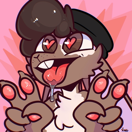 <3 <3_eyes absurd_res anthro beanie bodily_fluids brown_body brown_fur buckteeth cheek_tuft chest_tuft clothing curled_hair dripping drooling ears_down facial_tuft fur gesture hair hat headgear headwear hi_res lagomorph leporid male mammal open_mouth open_smile pawpads paws pink_background pink_pawpads pivoted_ears rabbit saliva saliva_drip saliva_string simple_background smile solo teeth the_xing1 tongue tongue_out tuft v_sign white_body white_fur wide_eyed // 3000x3000 // 442.6KB