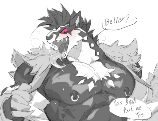 abs anthro biceps big_muscles black_body black_fur black_nose blush bodily_fluids clothed clothing dialogue drooling eyebrows fangs fur generation_8_pokemon grey_body grey_fur hair male mammal muscular muscular_anthro muscular_male nipple_piercing nipples nude null-ghost obstagoon open_mouth pecs piercing pokemon_(species) red_sclera saliva solo teeth tongue tongue_out topless uvula video_games white_body white_fur // 782x600 // 320.8KB