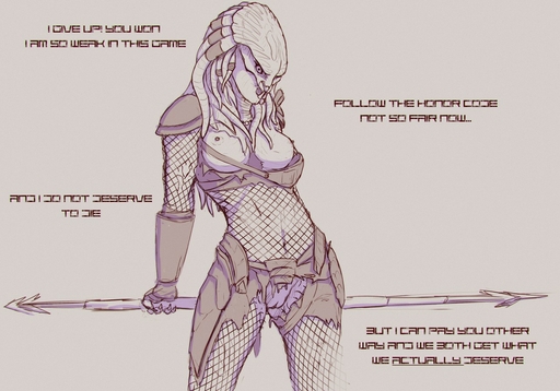 armor breasts claws damaged_clothing dialogue english_text falcrus fangs female genitals hair holding_object holding_weapon humanoid melee_weapon muscular muscular_female muscular_humanoid nipples non-mammal_breasts not_furry open_mouth polearm predator_(franchise) pussy simple_background solo spear standing text weapon yautja // 1280x894 // 236.8KB