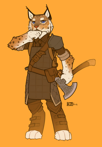4_toes 5_fingers anthro armor axe backpack bethesda_softworks blacksmith blue_eyes clothed clothing digitigrade feet felid feline fingers front_view fully_clothed holding_object holding_weapon khajiit looking_at_viewer lynx male mammal melee_weapon orange_background rolled_up_sleeves shirt shoulder_guards simple_background smile snowskau solo spots suthay the_elder_scrolls toes topwear video_games weapon whiskers // 695x1000 // 180.0KB