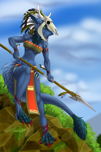 2018 4_toes bandeau bottomwear breasts clothed clothing day digital_media_(artwork) feet female green_eyes hi_res loincloth melee_weapon midriff navel outside polearm sergal small_waist solo spear standing tales_foxdale toes topwear weapon // 853x1280 // 175.1KB