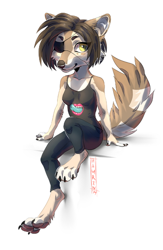 4_toes anthro barefoot big_head biped black_nose breasts brown_body brown_fur brown_hair canid canine canis clothed clothing digitigrade domestic_dog eye_patch eyewear feet female fur hair hauringu hi_res mammal simple_background sitting smile solo toes white_background yellow_eyes // 1300x1995 // 931.9KB