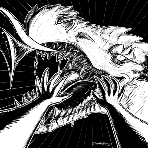 1:1 ambiguous_gender bodily_fluids dragon drooling duo face_focus feral first_person_view hexadec long_tongue looking_at_viewer monochrome monster open_mouth saliva tongue vore // 1000x1000 // 363.3KB