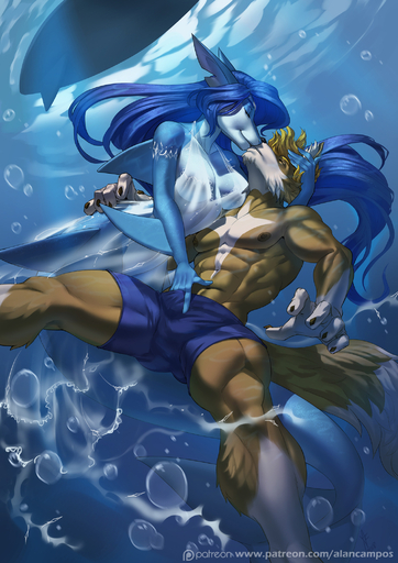 2018 5_fingers alanscampos anthro black_nose blonde_hair blue_hair breasts brown_body brown_fur canid canine clothed clothing duo female fingers fish fur hair hi_res male mammal marine nipples shark underwater water // 1485x2100 // 1.5MB