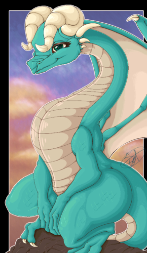 2019 claws digital_media_(artwork) dragon eyelashes female feral hi_res horn its-spot looking_at_viewer reptile scalie signature simple_background sitting smile solo wide_hips wings // 1035x1776 // 700KB