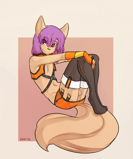 absolute_territory anthro balls biped black_nose blazblue blush bottomwear canid canine caninelove clothed clothing cosplay digital_media_(artwork) flaccid foreskin fox genitals girly gloves hair handwear hi_res legwear makoto_nanaya male mammal navel penis presenting purple_hair red_eyes shaded shirt skimpy skirt solo stockings thigh_highs topwear uncut video_games // 1072x1280 // 628KB