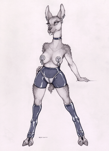 2016 anthro bottomwear camelid clothed clothing collar crossgender ear_piercing ecmajor english_text female fur furgonomics grey_background guanaco half-closed_eyes hi_res hooves jewelry legwear mammal narrowed_eyes panties piercing santiago_sara_(ecmajor) shorts signature simple_background solo text thong tight_clothing tongue tongue_out tongue_piercing topless underwear // 1116x1549 // 2.7MB